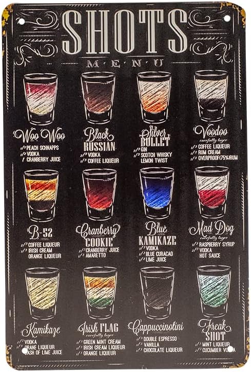 TG,LLC Treasure Gurus 8x12 Metal Retro Classic Alcohol Liquor Shots Menu Wall Sign, Home Bar Decor
