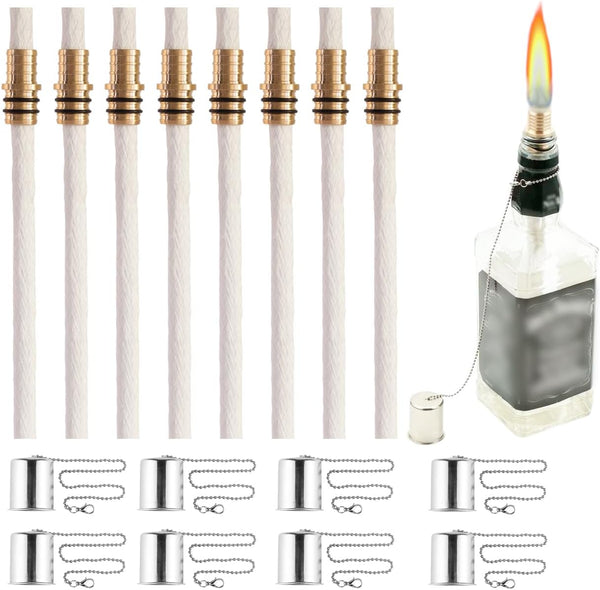 Wine Bottle Torch Kit 8 Pack, Includes 8 Long Life Torch Wicks, Brass Wick Mount & Lamp Cover (13.7 Inch, Bottle Not