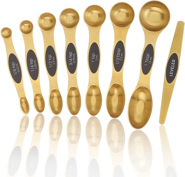 Magnetic Measuring Spoons Set, Stainless Steel, Dual Sided, Stackable, Set of 8 (Gold)