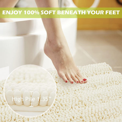 Washable Bath Mats White Rugs for Bathroom - Chenille Anti-Skidding Quick Dry Kitchen Mats, 20" W x 32" L