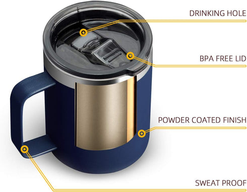 ALOUFEA 12oz Stainless Steel Insulated Coffee Mug with Handle, Double Wall Vacuum Tumbler Cup, Navy