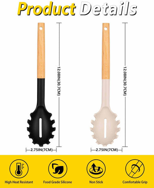 Pack 2 of Spaghetti Spoon, Silicone Pasta Fork with Wooden Handle, Heat Resistant Noodle Spoon Server, BPA Free