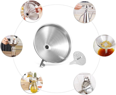 5-Inch Food Grade Stainless Steel Kitchen Funnel with Strainer Filter for Liquid Dry Ingredients, Silver