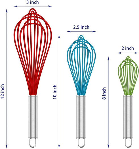 Silicone Rubber Whisk Set of 3 - Premium Non Scratch Kitchen Whisks for Nonstick Cookware, Red+Blue+Green