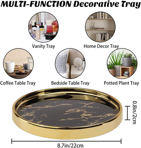 Small Round Black Decorative Tray, Marble Look Jewelry Dish, Makeup Vanity Tray for Dresser
