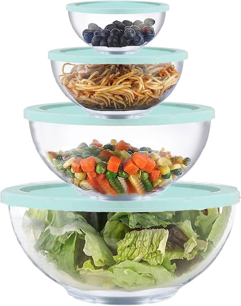 Glass Mixing Bowl Set with Airtight Lids, Kitchen Baking Prepping, Serving, Cooking, 0.6QT, 1.1QT, 2.2QT, 4QT Salad