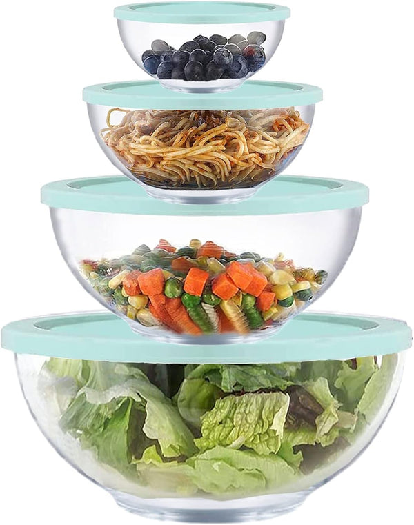 Glass Mixing Bowl Set with Airtight Lids, Kitchen Baking Prepping, Serving, Cooking, 0.6QT, 1.1QT, 2.2QT, 4QT Salad