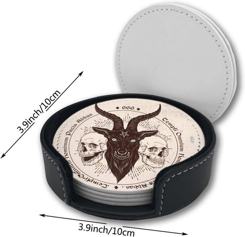 Yilad Set 6 Satan Goat Skull Coasters for Drinks with Holder Leather Coasters of for Coffee Table