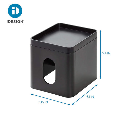 iDesign Facial Tissue Box Cover with Storage Tray, The Cade Collection – 6.1" x 5.15" x 5.4", Matte Black