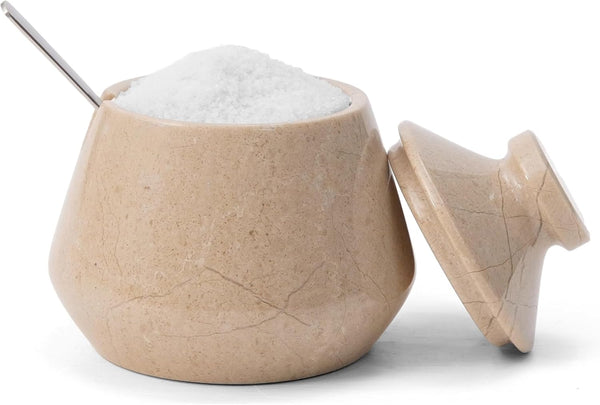 Marble Salt Cellar with Lid 3 Inch Beige Handmade Salt Box, Seasoning