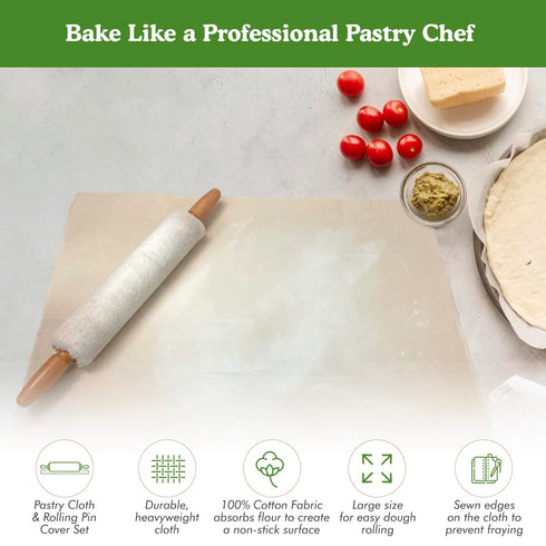 Regency Wraps Natural Pastry Cloth, 20"x24" with 15” Rolling Pin Cover, 100% Cotton