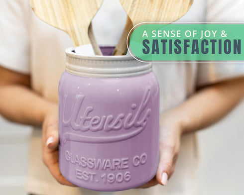 Comfify Wide Mouth Mason Jar Utensil Holder - Decorative Kitchenware Organizer, Chip Resistant Ceramic, Purple