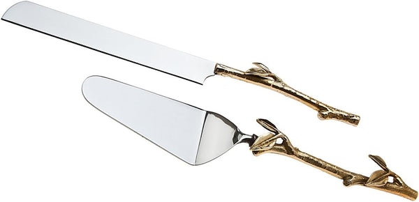Godinger 2 Piece Gold Leaf Cake Server Set, 1 Cake Knife and 1 Cake Server, Stainless Steel and Brass