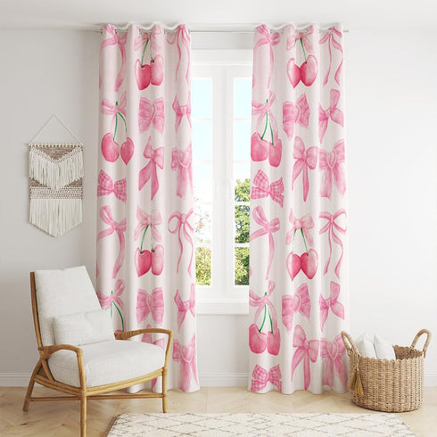 Reateforin 2 42"WX63"H Preppy Pink Cherry Bows Curtains Princess Curtains for Girls Bedroom Coquette Decor Bow Themed