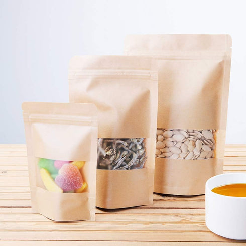 LZLPACKING Kraft Stand Up Pouches bags 100 Pcs, Brown Resealable Bags with Window for Home or Business, Zip Lock Food