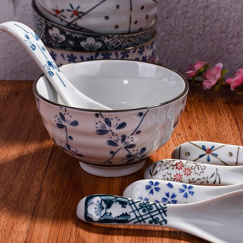 Japanese Style Set of 5 Soup Spoons, Asian Ceramic Ramen Spoons
