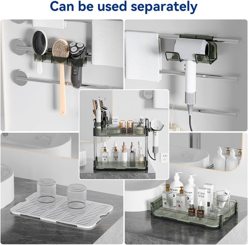 Counter 2 Countertop, Bathroom Organizer, Tier Makeup Skincare Storage Tray with Hair Dryer Holder and Toothbrush Rack