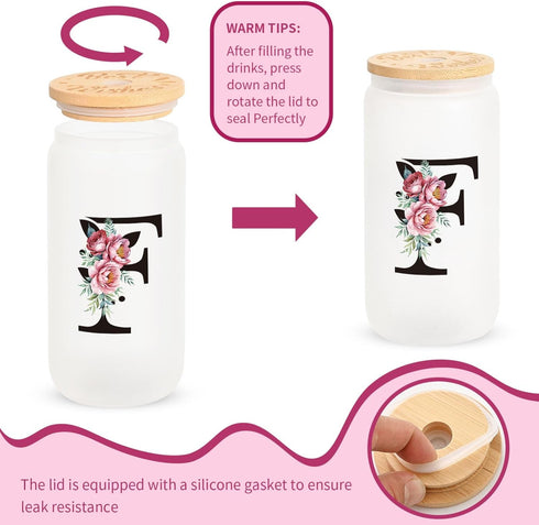 16oz Monogrammed Set, Personalized Initial Glass Cup for Women, Glass Cup with Lids and Straws, Gift Frosted Reusable