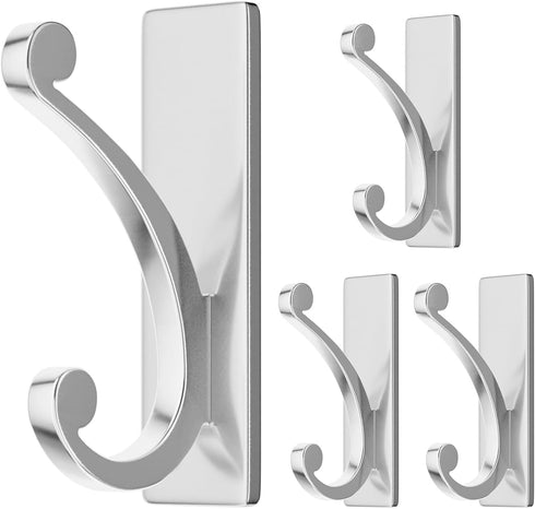 Adhesive Wall Hook for Towel/Coat, Extra Sticky 10LB Stainless Stick on Hanger for Bath or Shower, Matt Silver 4-Pack