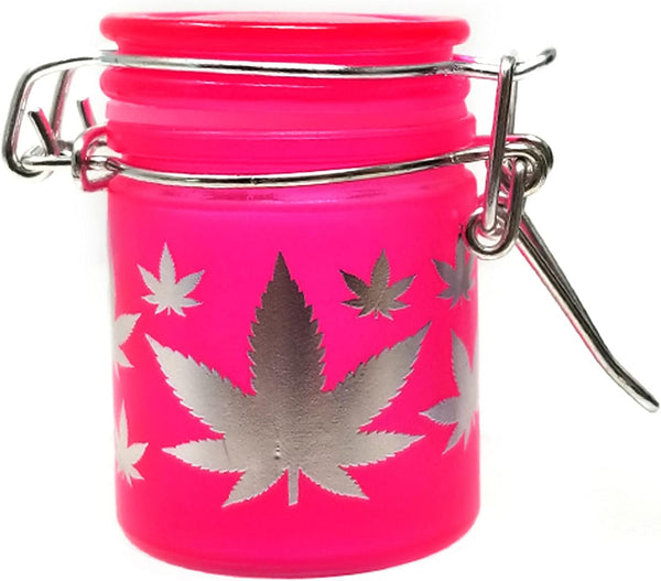 Airtight Glass Herb Mini Storage Jar with Clamping Lid, Available in Frosted Neon Pink/Silver Leaves Design