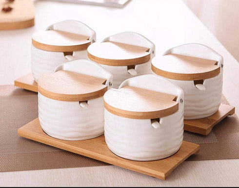 Counter (3) Ceramics Storage Jar Porcelain Condiment Jar Spice Container with with Flip Lid and Spoon - Best Creative