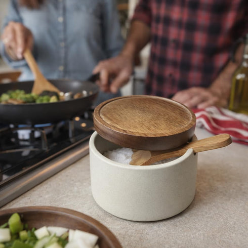 Rliguanrui 3.5" Countertop Handmade Ceramic Salt Cellar with Acacia Wood Lid & Spoon - Wide Mouth Kitchen Jar for Salt