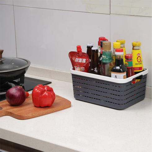 Plastic Storage Bin Baskets, Small Grey Toilet Paper Basket for Bathroom, Organizer Shower Caddy with Handles (2 Pack)