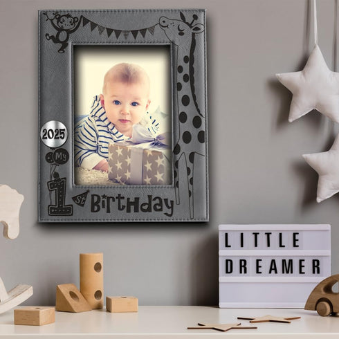 BELLA BUSTA My First Birthday Picture Frame, Engraved Leather Frame for Baby's First Birthday (5 x 7 Vertical)