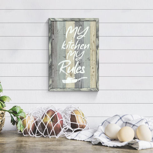 Kitchen Quotes Wooden Wall Art: Rustic Farmhouse Framed Funny My Kitchen My Rules Saying Print for Dining Room Decor