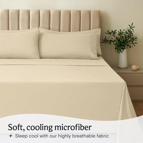 LuxClub 4 PC Full Size Sheet Set, Deep Pockets 16", Wrinkle Free Cooling Sheets, Cream Full
