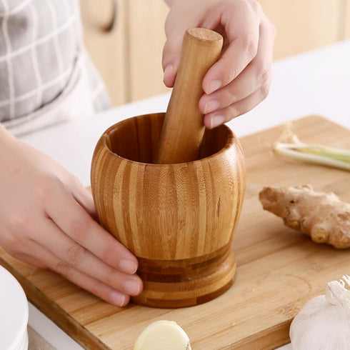 Mortar and Pestle Set, Bamboo Garlic Pounder Mincer Tool Kitchen Grinder Supplies for Garlic, Mincer, Coffee, Herb Spice, Ginger, Spice. (S)