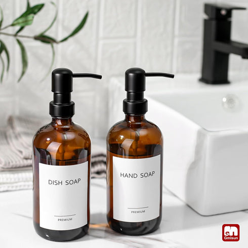 GMISUN Amber Glass Soap Dispenser - 2 Pack Bathroom Hand Soap Dispensers with Stainless Steel Pump, 17 Fl Oz