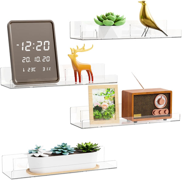 Yieach 4 Pack Acrylic Shelves for Wall Storage,No Drilling Adhesive Shelves,Clear Stick On