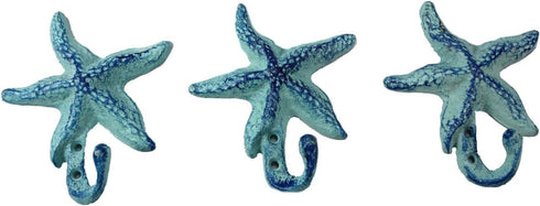 Starfish Antique Blue Cast Iron Wall Hooks - Set of 3 for Coats, Hats, Towels, More