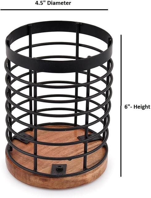 Black Iron Kitchen Utensil Holder with Acacia Wooden Base, Round Flatware Storage for Countertop (4.5" x 4.5" x 6")