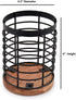 Black Iron Kitchen Utensil Holder with Acacia Wooden Base, Round Flatware Storage for Countertop (4.5" x 4.5" x 6")