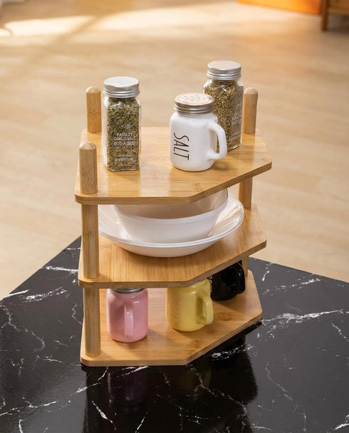 3 Counter (1, 3Tier-3.9" Tier Expandable Bamboo Corner Shelf - Dish/Plate Organizer for Cabinet, Kitchen Shelf & Small