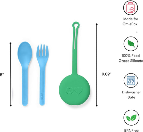 Omie OmieBox Kids Utensils Set - 2 Piece Reusable Fork and Spoon Silverware with Case (Mint Green)