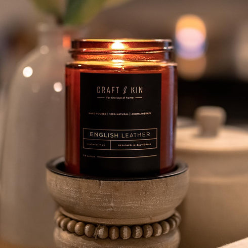 Craft & Kin Fall Scented Candle for Men, Premium English Leather Candle, All-Natural Scent for Home, 8oz, 45-Hour Burn