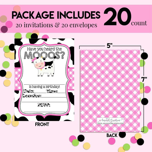Heard the Moos Pink Cow-Themed Birthday Party Invitations for Kids, 20 Fill In Cards with Envelopes by AmandaCreation