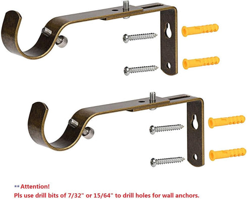 Curtain Rod Bracket Set of 2, Adjustable for 1 or 1 1/8 Inch Rods, Antique Brass