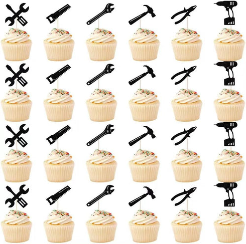 24PCS Tools Cupcake Topper, Construction Tools Cake Decorating for Boys & Men Birthday Party