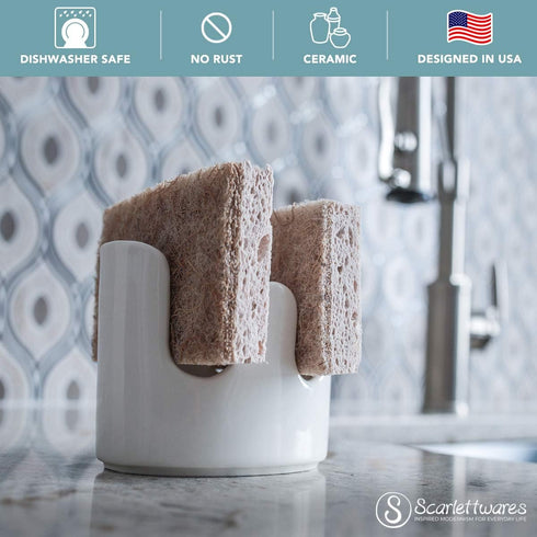 scarlettwares Dual Double Sponge Holder for Kitchen Sink Ceramic White Rustic Farmhouse Holds Two Sponges