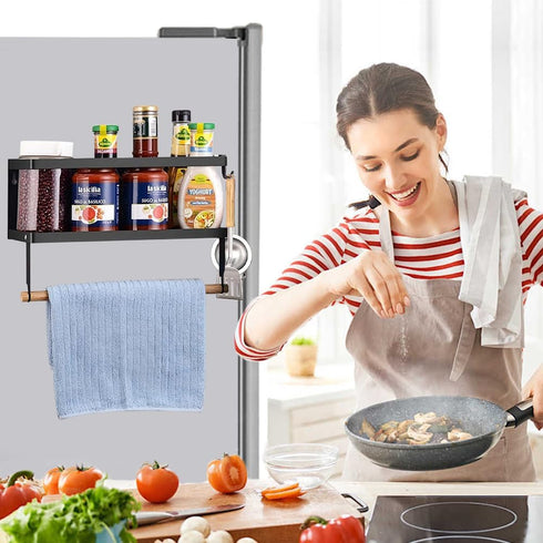 Magnetic Spice Rack for Refrigerator, Magnetic Paper Towel Holder, 2 Hooks, Kitchen Storage Organizer for Spices and