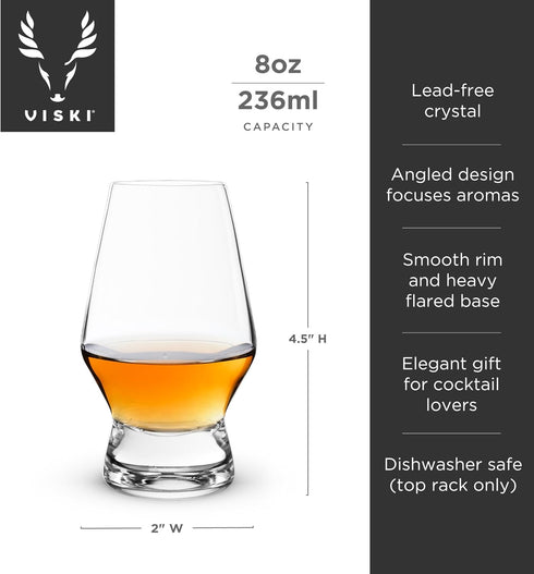 Viski Footed Crystal Scotch Glasses, Set of 2, Premium Liquor Drinking Glass, 8 oz Whiskey Bourbon Gift Set
