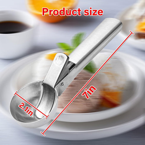 Tuneijue (1p-silver) Premium Ice Cream Scoop, Stainless Steel Ice Scoop with Trigger & Ergonomic Handle - One-Push