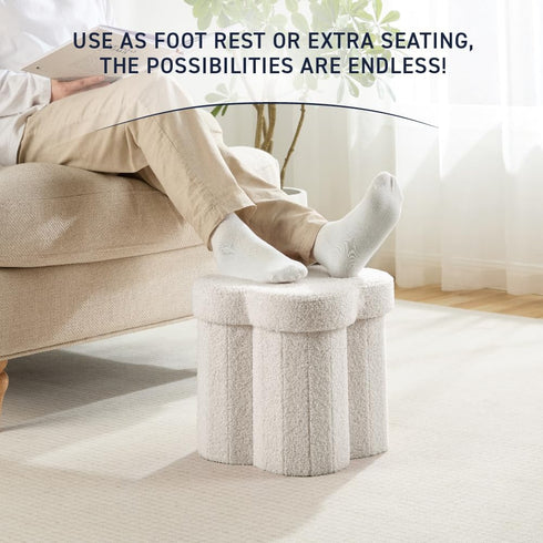 12" Inch Ornavo Home White Boucle Storage Ottoman Cube Flower-Shaped Footstool with Hidden Storage, Faux Teddy Fur Foot