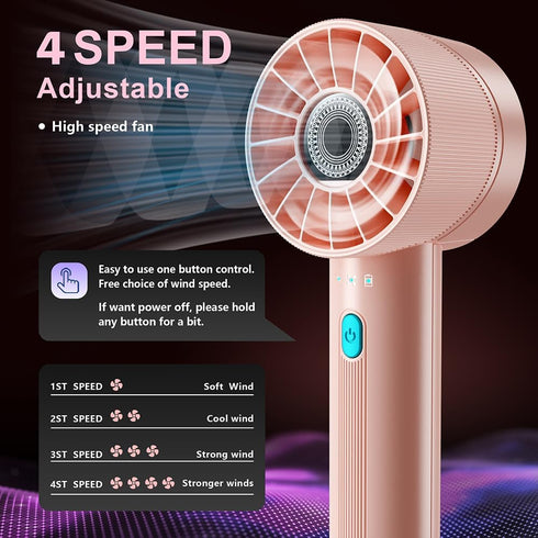 Portable Handheld Fan Rechargeable, Mini Personal Fan, high speed fan with 4 Speeds Tutbo Mini Fan, USB 2600mAh Battery Small Hand Held Fan for Kids Travel Office Outdoor Home Women Men