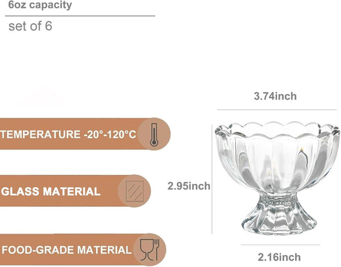 Iced Cream Dessert Bowl,Set of 6,6oz Vintage Glass ware with Heavy Base, Drinking Cup for Sundae, Fruit, Ice Cream, Snack, Condiment (6) by DNIENKGE
