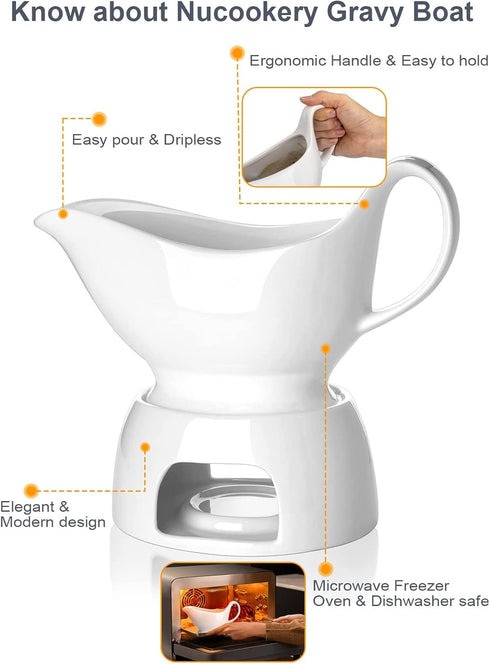 Nucookery Large Classic Gravy Boat with Warmer, 17 Oz, White Fine Porcelain, Microwave & Freezer Safe